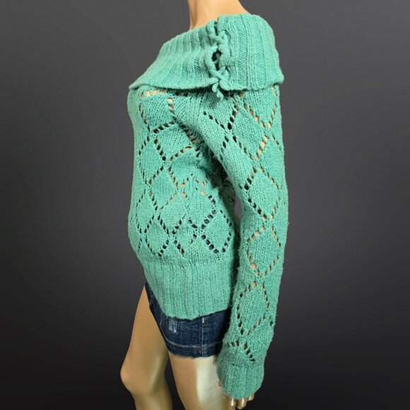 Y2K Groggy Off Shoulder Sweater Size S Green Long Sleeve Fairy Boho Wool Blend - Picture 2 of 9